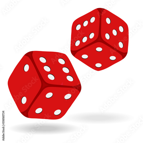 game dice in flight. Casino dice, icon, isolated on white, 3d object, red. Casino gambling.
