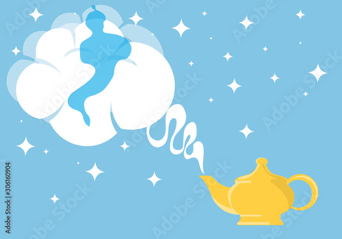 Magic lamp Aladdin with gin. Gin from the magic lamp. Vector illustration of a magical