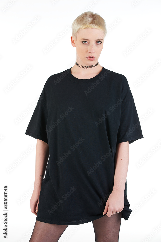Blank t-shirt mock-up - Cool streetwear fashion girl ready for your design Blank t-shirt mock-up - Cool streetwear fashion girl ready for your design