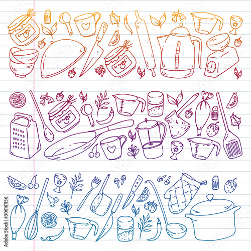 Cooking class, menu. Kitchenware, utencils Food and kitchen icons