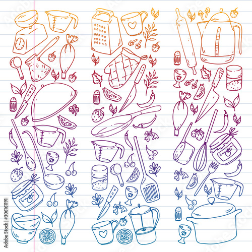 Cooking class, menu. Kitchenware, utencils Food and kitchen icons