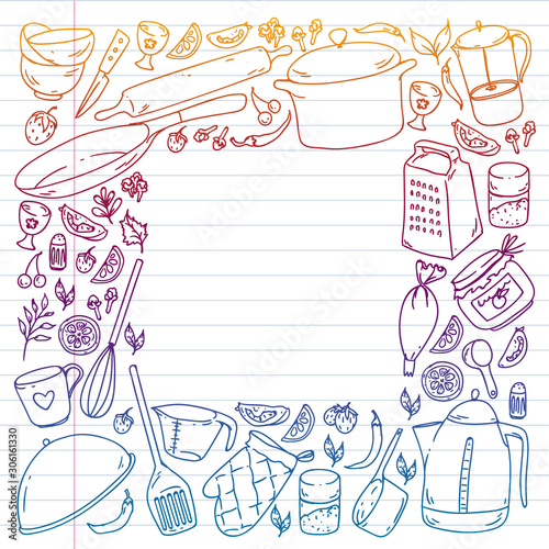 Cooking class, menu. Kitchenware, utencils Food and kitchen icons