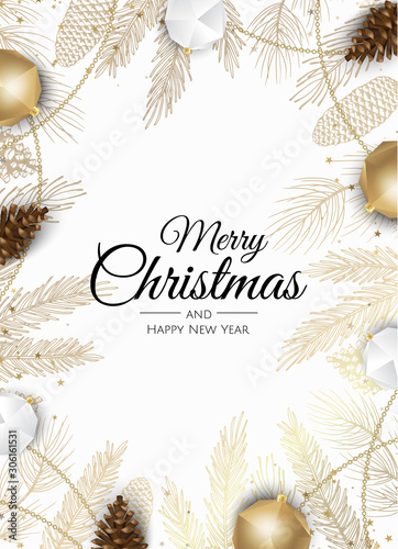 Christmas greeting card with Christmas Tree Decorations, Pine Branches, snowflake and confetti.