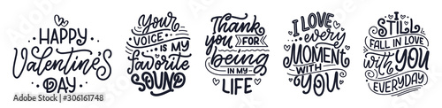 Set with slogans about love in beautiful style. Vector abstract lettering compositions. Trendy graphic design for prints and cards. Motivation posters. Calligraphy text for Valentine's Day.