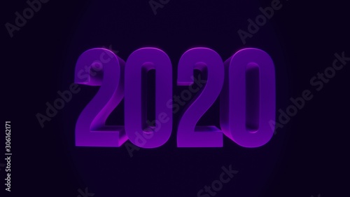 Happy New 2020 Year. Holiday illustration of purple metallic numbers 2020. Realistic 3d sign. Festive poster or banner design.
