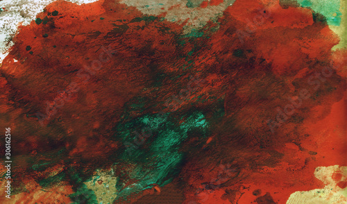 Bright red and green splatter abstract painting background.