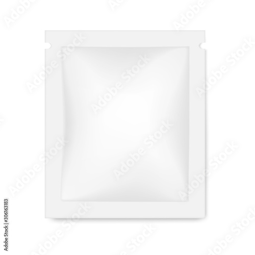 Blank white square sachet package, vector mockup. Food, medical or cosmetic product packaging, mock-up