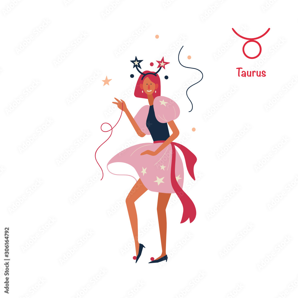 Sign of the zodiac Taurus. Young stylish girl on holiday, new year party. Vector illustration in flat cartoon style. Isolated on white background. 