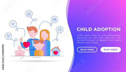 Child adoption concept with thin line icons: adoptive parents, helping hand, orphan, home care, custody, caregivers, happy kid. Vector illustration, template with copy space.