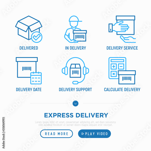 Express delivery thin line icons set: parcel, out for delivery, courier, support, calendar date, registered, delivered. Modern vector illustration.