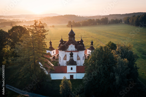 Special Holy Trinity church in South Bohemian nature in sun rise.