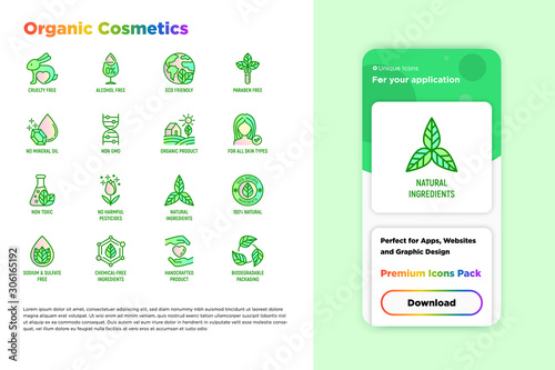 Organic cosmetics set. Mobile app interface. Thin line icons for product packaging. Cruelty free, 0% alcohol, natural ingredients, paraben free, eco friendly, no mineral oil. Vector illustration.