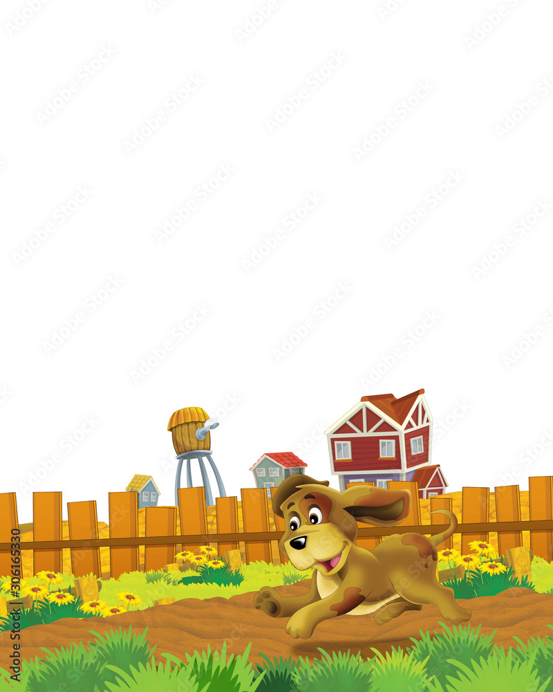 Naklejka premium cartoon scene with dog having fun on the farm on white background - illustration for children