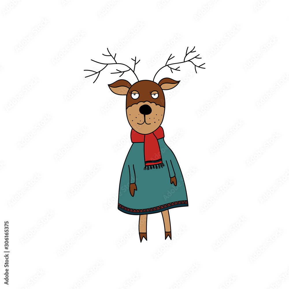 Funny animal. Cute deer dressed in coat, scarf and cap. Cartoon style. Vector illustration for coloring book, stickers, cards. Funny animal. Cute deer dressed in coat, scarf and cap. Cartoon style. Vector illustration for coloring book, stickers, cards.