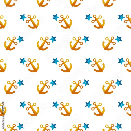 Seamless patterns on a white background in a flat style with elements of starfish and anchor. Texture for web page, greeting cards, posters and banners. Prints on fabric and paper.