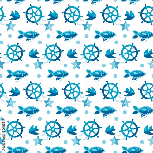 Seamless patterns on a white background in a flat style with elements of fish, starfish and wheel. Texture for web page, greeting cards, posters and banners. Prints on fabric and paper.