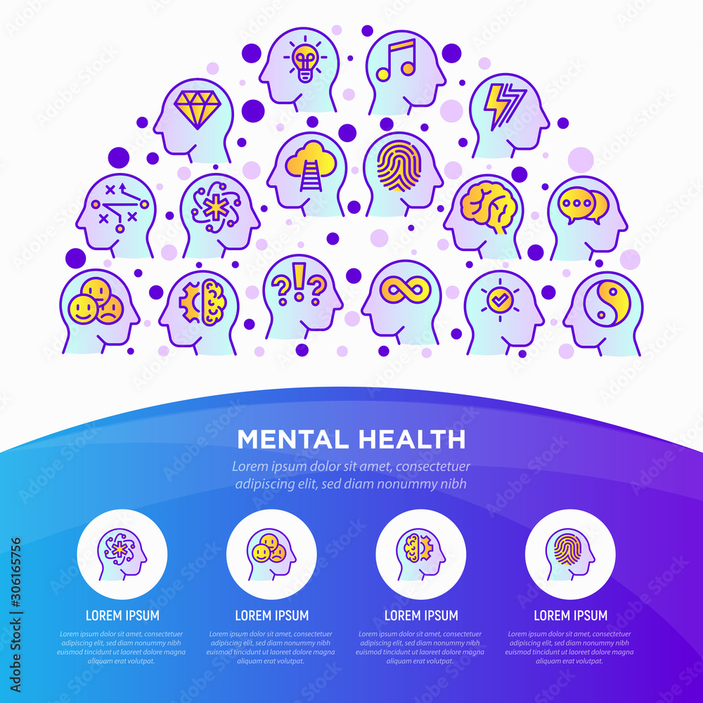 Mental health concept in half circle with thin line icons: mental growth, negative thinking, logical plan, obsession, inner dialogue, balance, brilliant thought, self identity. Vector illustration.