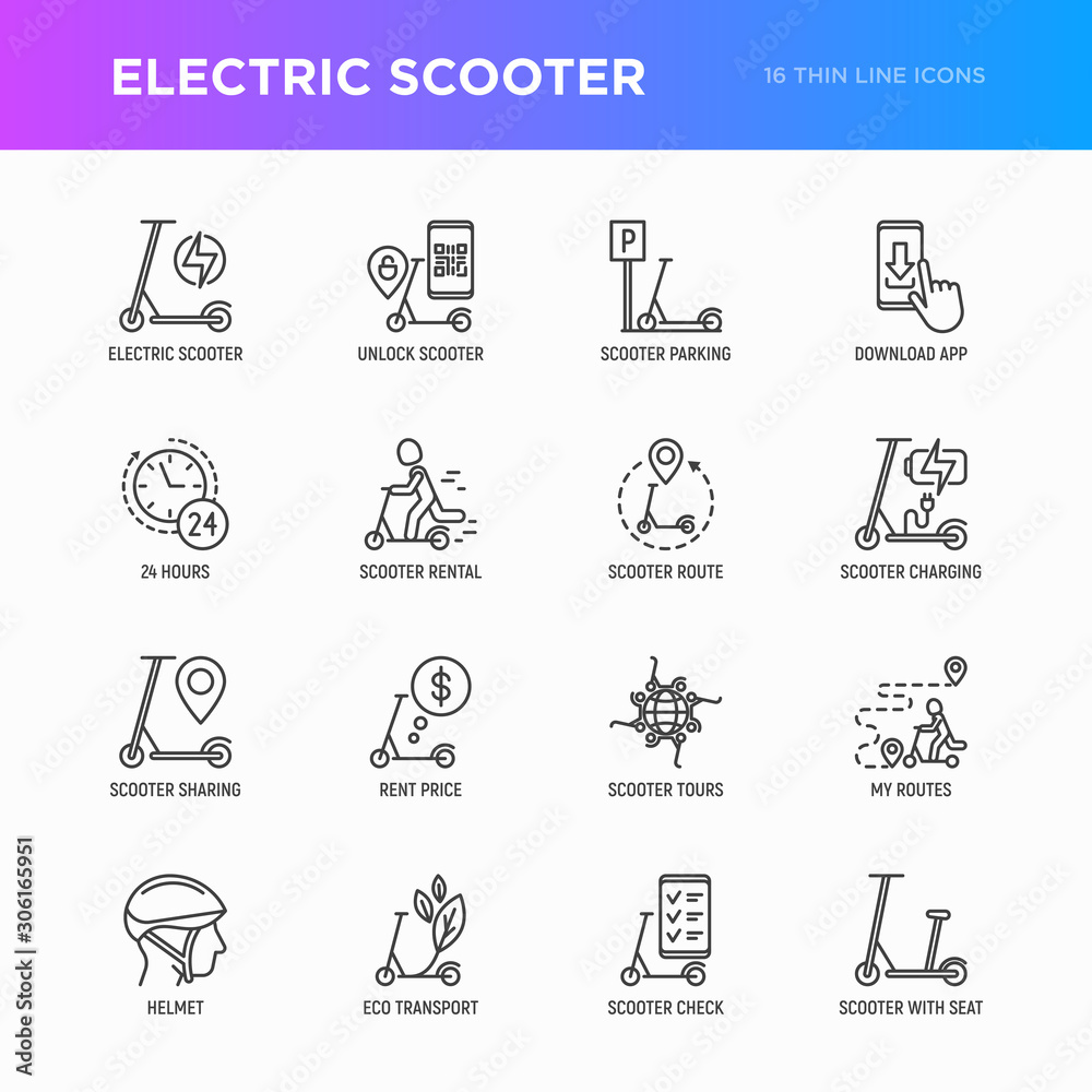 Electric scooter thin line icons set: sharing service, mobile app, QR code, parking, helmet, eco transport, pointer. Modern vector illustration.