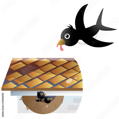 Color image of cartoon swallow nest with nestlings or chicks on white background. Vector illustration for kids.