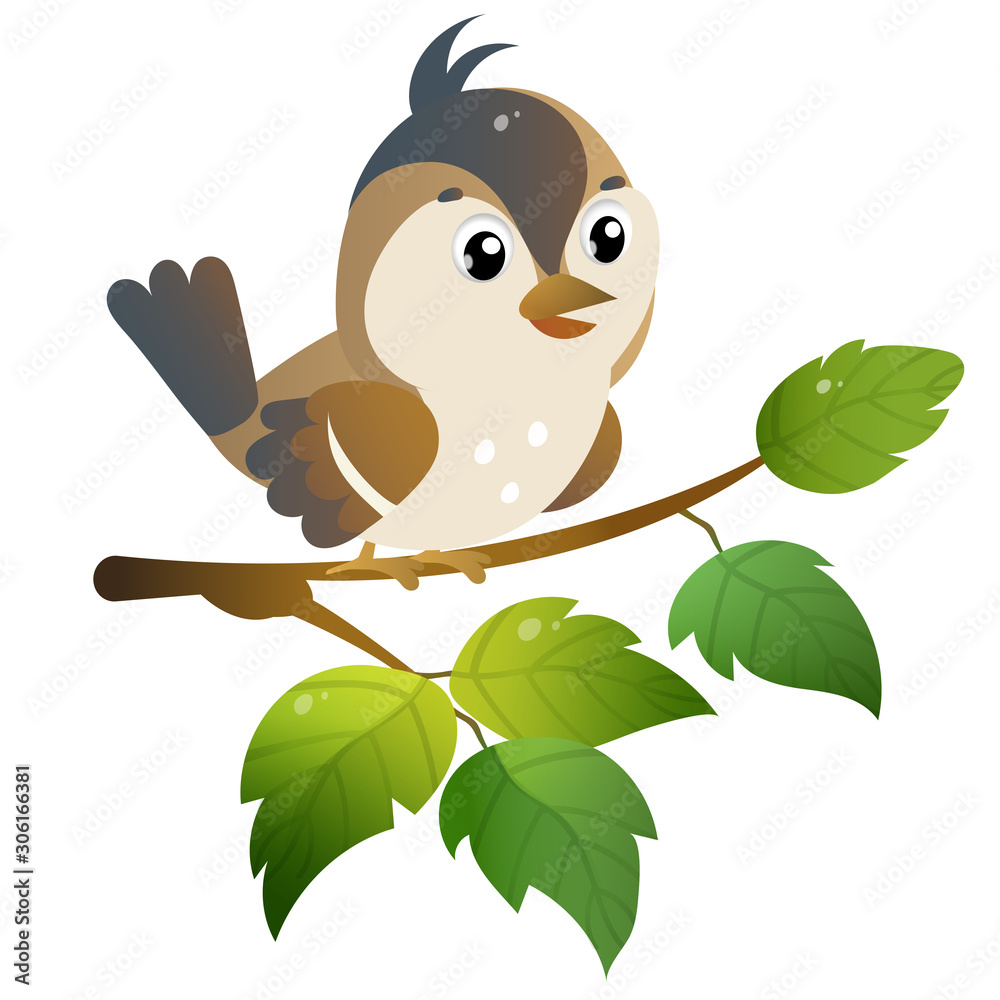 Sparrow. Color image of cartoon bird on branch on white background. Vector  illustration for kids. Stock Vector | Adobe Stock