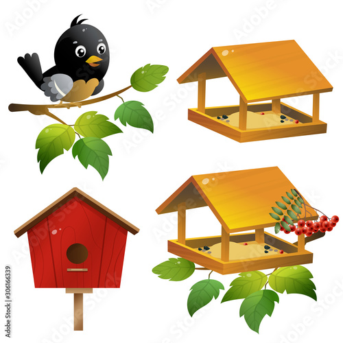 Color images of cartoon bird with birdhouse and of feeder on white background. Vector illustration set for kids.