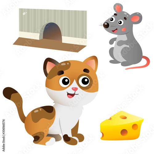 Color images of cartoon cat and mouse with cheese on white background. Vector illustration set for kids.