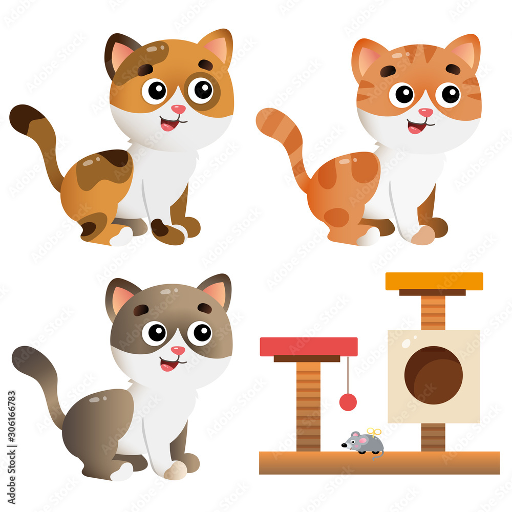 Color images of cartoon cats on white background. Pets. Vector illustration set for kids.
