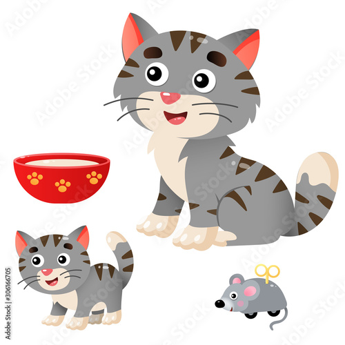 Color images of cartoon cat with kitten on white background. Pets. Vector illustration set for kids.