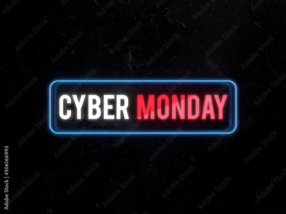 Cyber Monday text neon light on on a rusty metal plate	