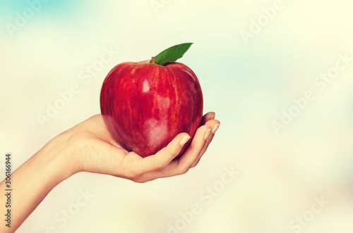 Woman hand holding big red apple on bokeh background