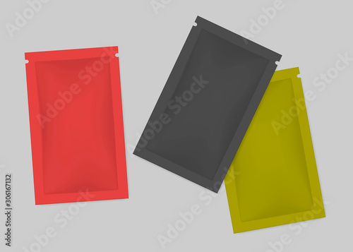 Blank color sachet packet set, realistic vector illustration. Small pouch pack top view, template for design