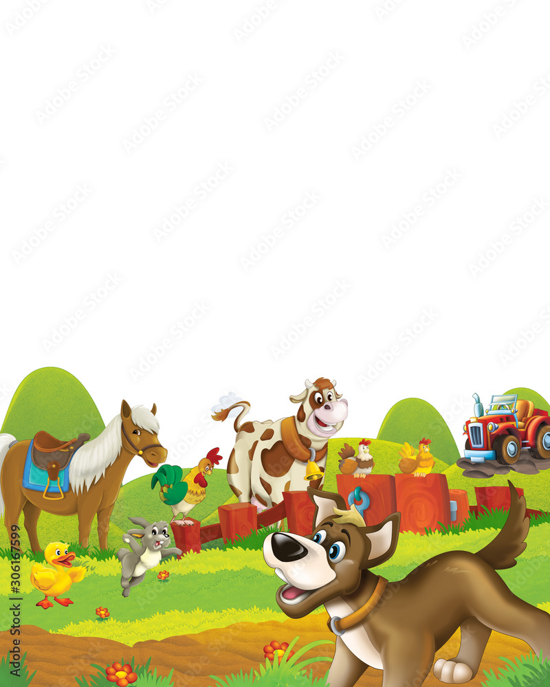 Naklejka premium cartoon scene with dog having fun on the farm on white background - illustration for children
