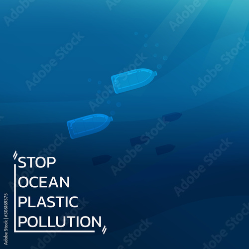 stop ocean plastics environmental pollution concept, plastics bottle fish shape underwater, waste, debris, garbage, eco problem sign symbol poster, banner, advertisement, vector flat illustration.