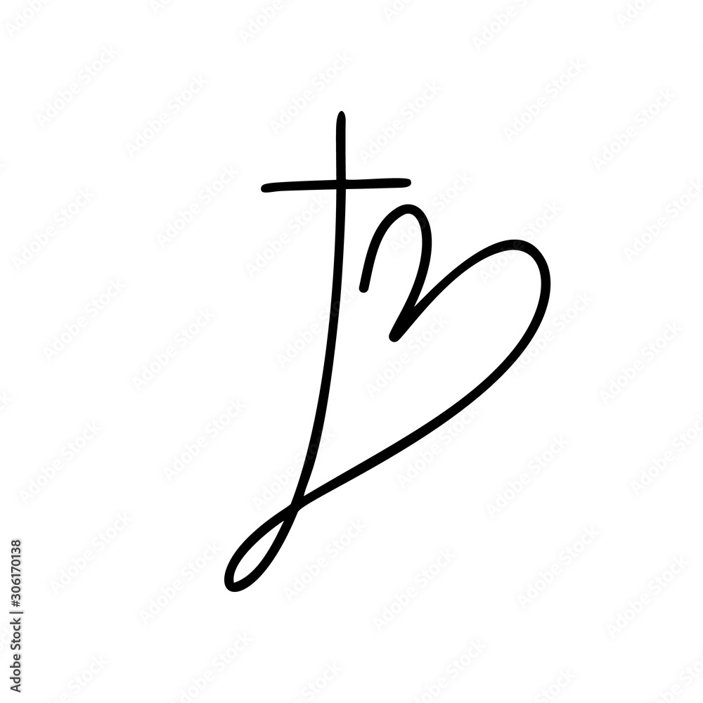 Monoline Vector Christian logo Heart with Cross on a White Background. Isolated Hand Drawn Calligraphic symbol. Minimalistic religion icon