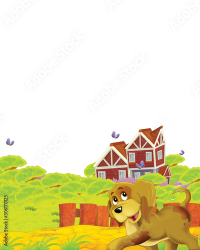 cartoon scene with dog having fun on the farm on white background - illustration for children