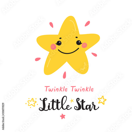 T-shirt Print Design for Kids with Cute Smiling Star and "Twinkle Twinkle Little Star" Phrase. Scandinavian Poster for Kids Fashion, Nursery, Baby Shower Print or Poster, Pajamas Party