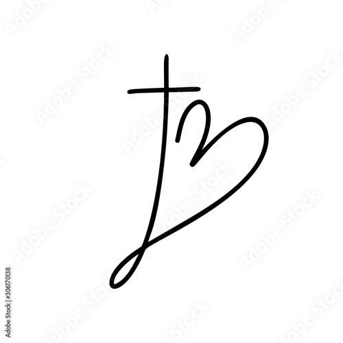 Monoline Vector Christian logo Heart with Cross on a White Background. Isolated Hand Drawn Calligraphic symbol. Minimalistic religion icon