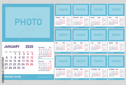 Calendar for 2020 year. Typographic design template. Set of 12 months. Vector illustration
