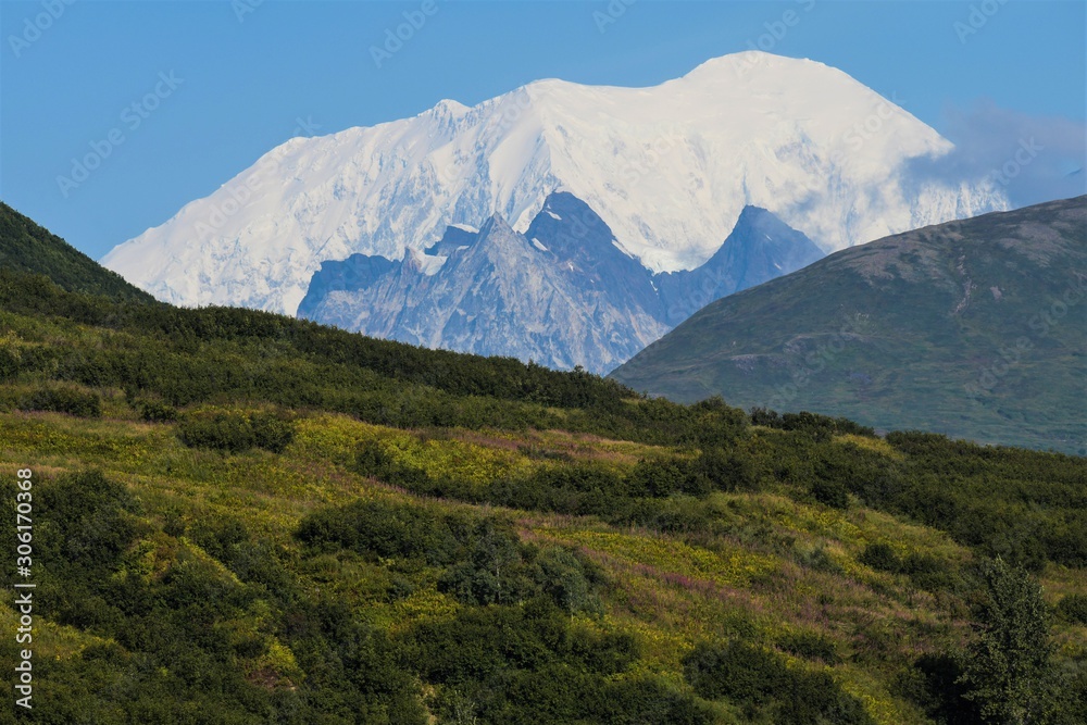 Berge der Alaska Range vom Denali Highway aus gesehen, Alaska - Indieser großartigen Landschaft macht das Autofahren selbst auf einer Schotterstraße Spaß