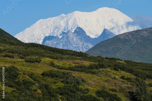 Berge der Alaska Range vom Denali Highway aus gesehen, Alaska - Indieser großartigen Landschaft macht das Autofahren selbst auf einer Schotterstraße Spaß