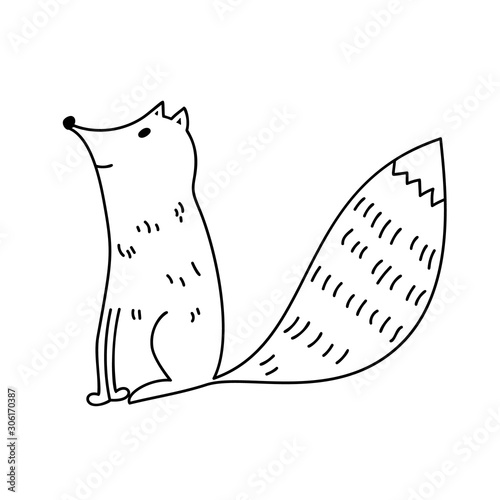 Cute cartoon doodle fox. Kids Logo vector Isolated on white background. outline black and white illustration, design element