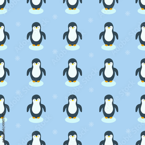 Vector pattern with penguins and snowflakes in winter season. Light blue background. Happy New Year. Winter and New Year print design.