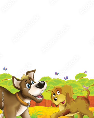 cartoon scene with dog having fun on the farm on white background - illustration for children