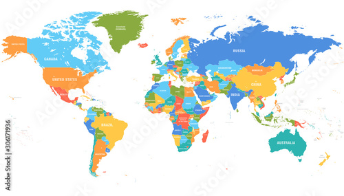 Colored world map. Political maps, colourful world countries and country names. Geography politics map, world land atlas or planet cartography vector illustration photo