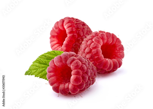 Raspberries with leaf Isolated on White Background. Ripe berries isolated.
