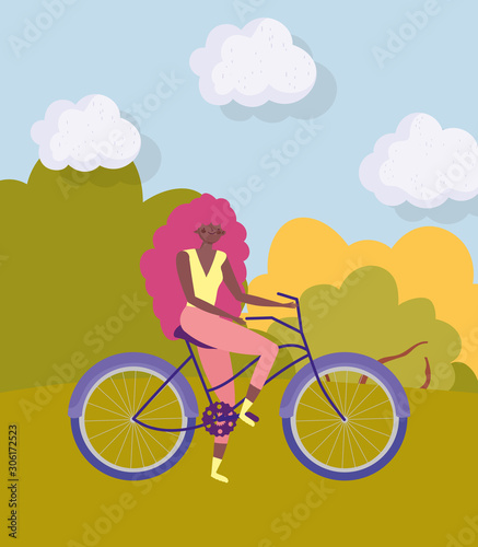 Woman cartoon with bike in autumn vector design