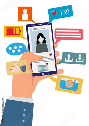 Hand holding mobile phone and messages.Man chatting on mobile with sms chat and group chat concept.talking ,conversation, dialog.Vector flat cartoon and social online concept idea.