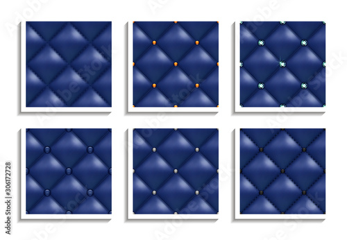 Seamless vector patterns of blue leather upholstery with gold, silver, diamond buttons. Luxury textures of vintage furniture