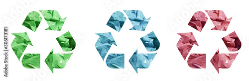 Set of waste recycle emblem. Green plastic bag texture background. Isolation on white. Stop garbage. Reuse materials. Save planet.  © exienator