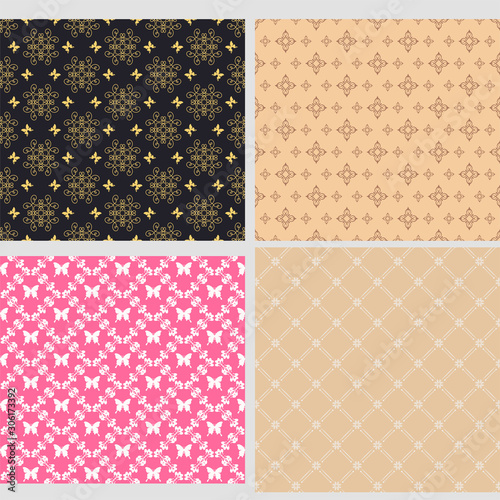 Fototapeta Naklejka Na Ścianę i Meble -  Set of four background wallpapers for your design. Trendy stylish texture. Colors image: black, pink, gold, beige. Graphic design templates, background seamless patterns. Vector set.